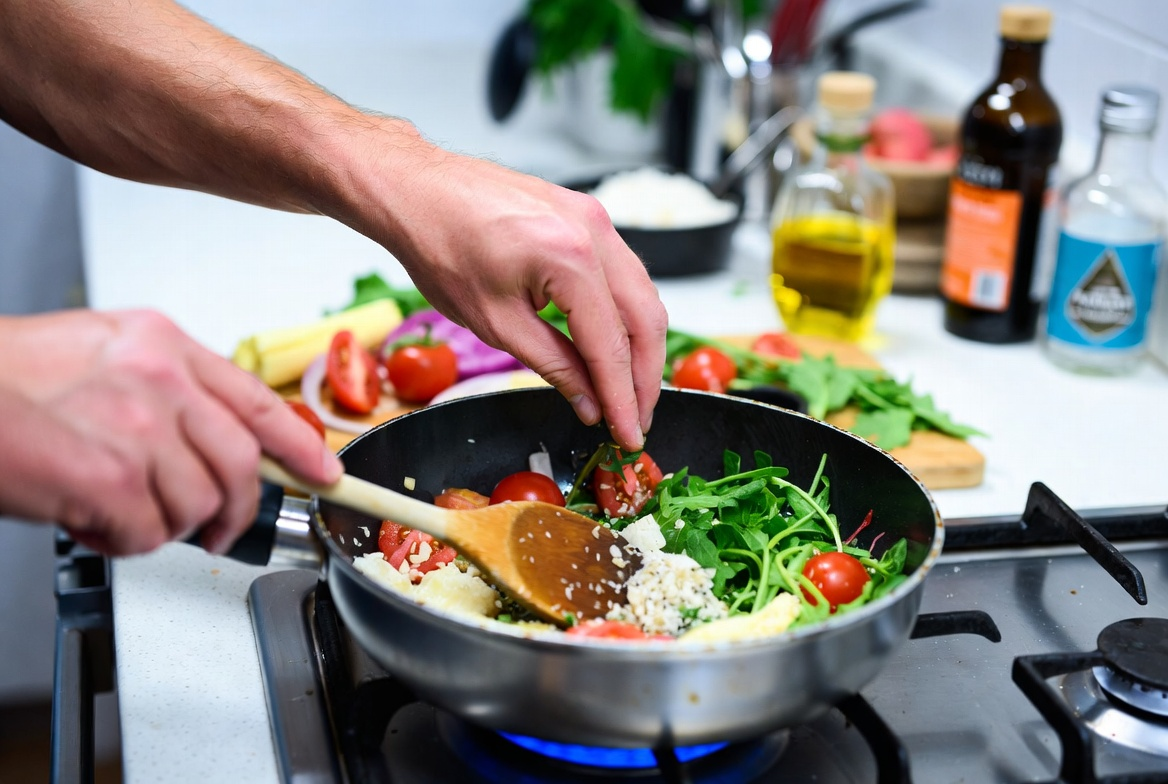Bone broth, herbs, and lemon on a cutting board