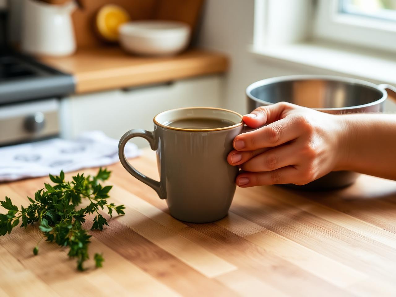 Warm cup of herbal tea in a kitchen